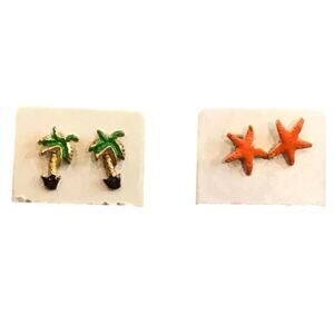 Starfish and palm tree pierced earrings vacation tropical bundle of 2 pairs